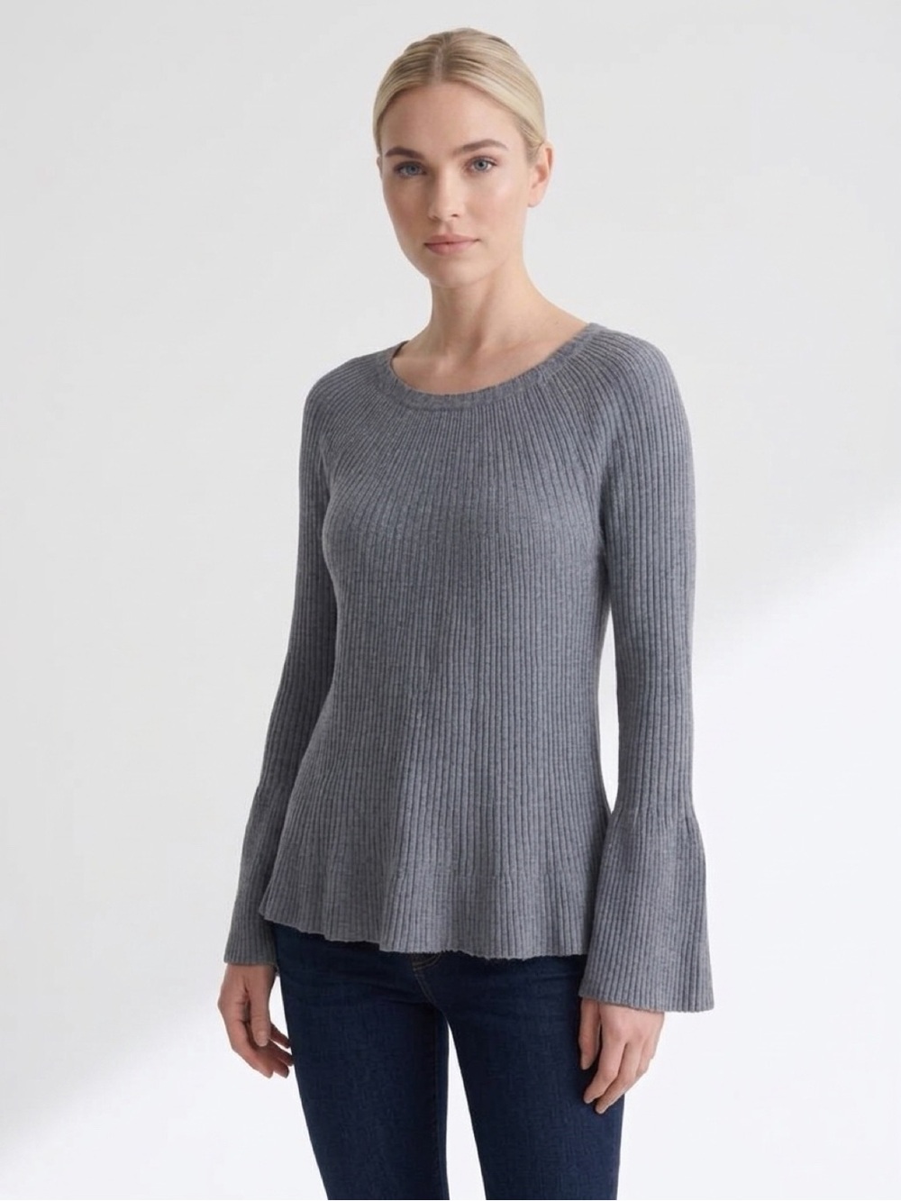 Ribbed Bell-Sleeve Crewneck Sweater - Gray